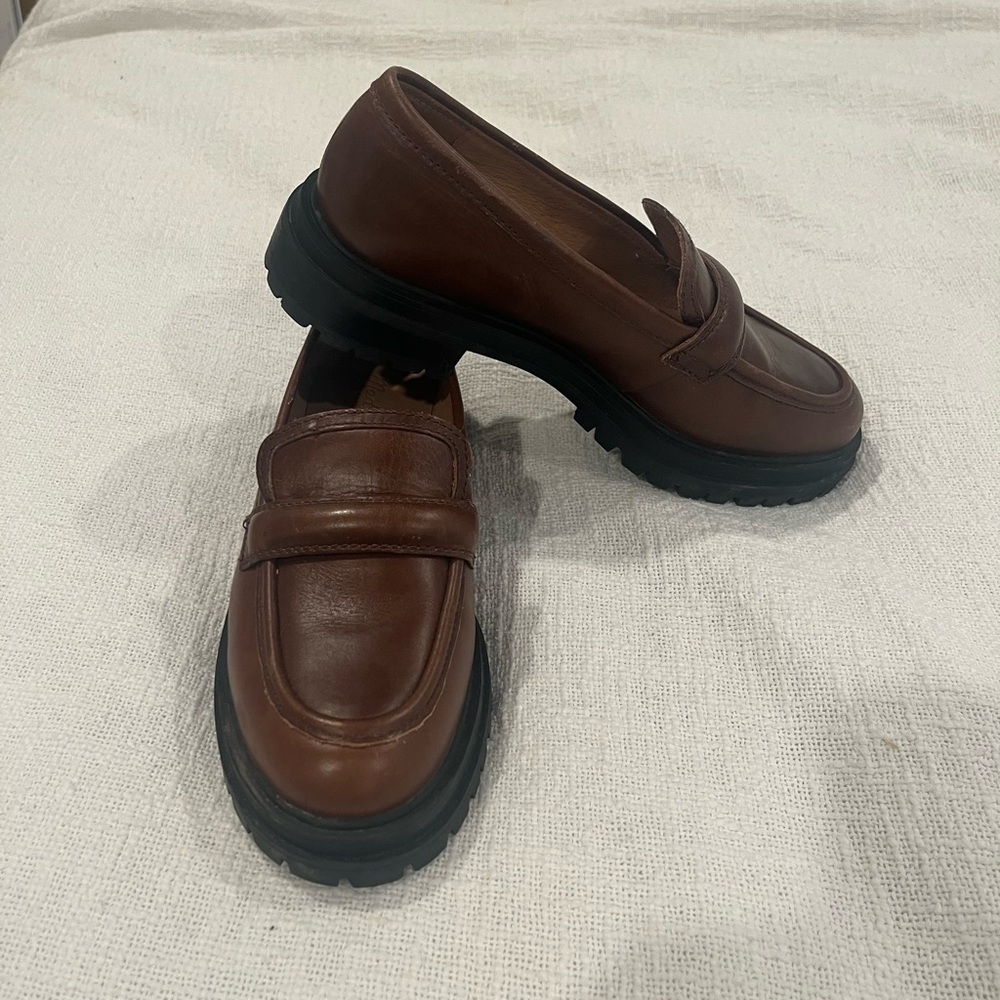 Madewell Bradley Stable Brown Leather Lugsole Chunky Loafers Size 7 Style NG674